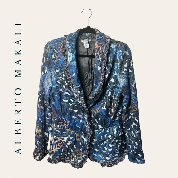 1218. ALBERTO MAKALI ANIMAL PRINT BLAZER SIZE LARGE MULTICOLORED‎ LONG SLEEVES - Picture 1 of 9